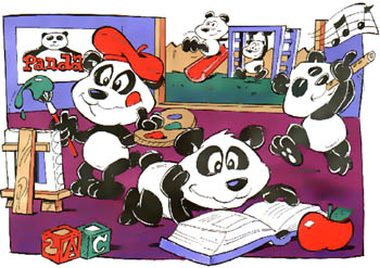 Cartoon of a classroom with pandas instead of kids