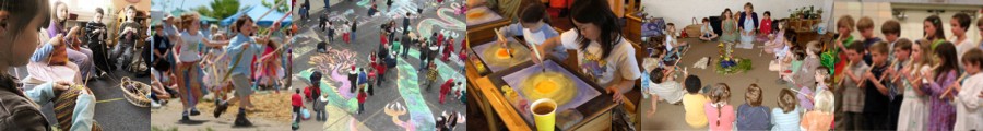 children knitting, children dancing around a maypole, dragond drawn in chalk in a parking lot, children painting suns, children sitting in a circle playing music, and a recorder choir