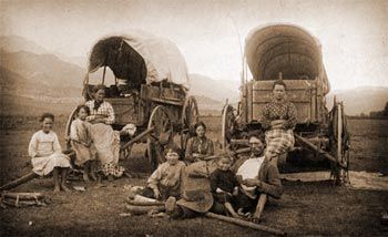 Emigrant family traveling west on The Oregon Trail.